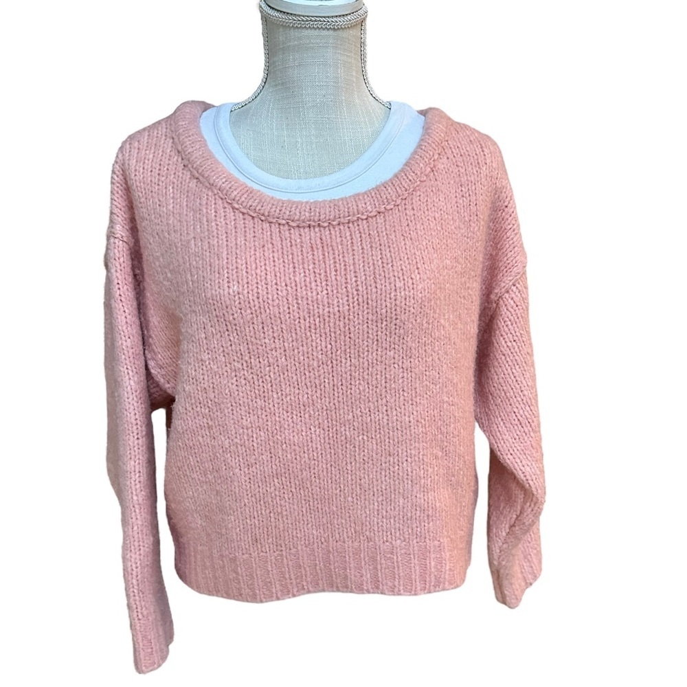 Anthropologie Womens Pink Salmon Crop Top Knit Long Sleeve Sweater Size Small